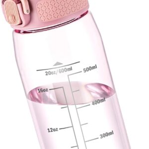 GOPPUS 20oz Kids Water Bottle with Time Marker & Handle, Tritan BPA-Free, Reusable Leakproof Anti-Dust Everyday,Clear Kids Water Bottles For School,Car Travel, Gifts Boys Girls(Pink)