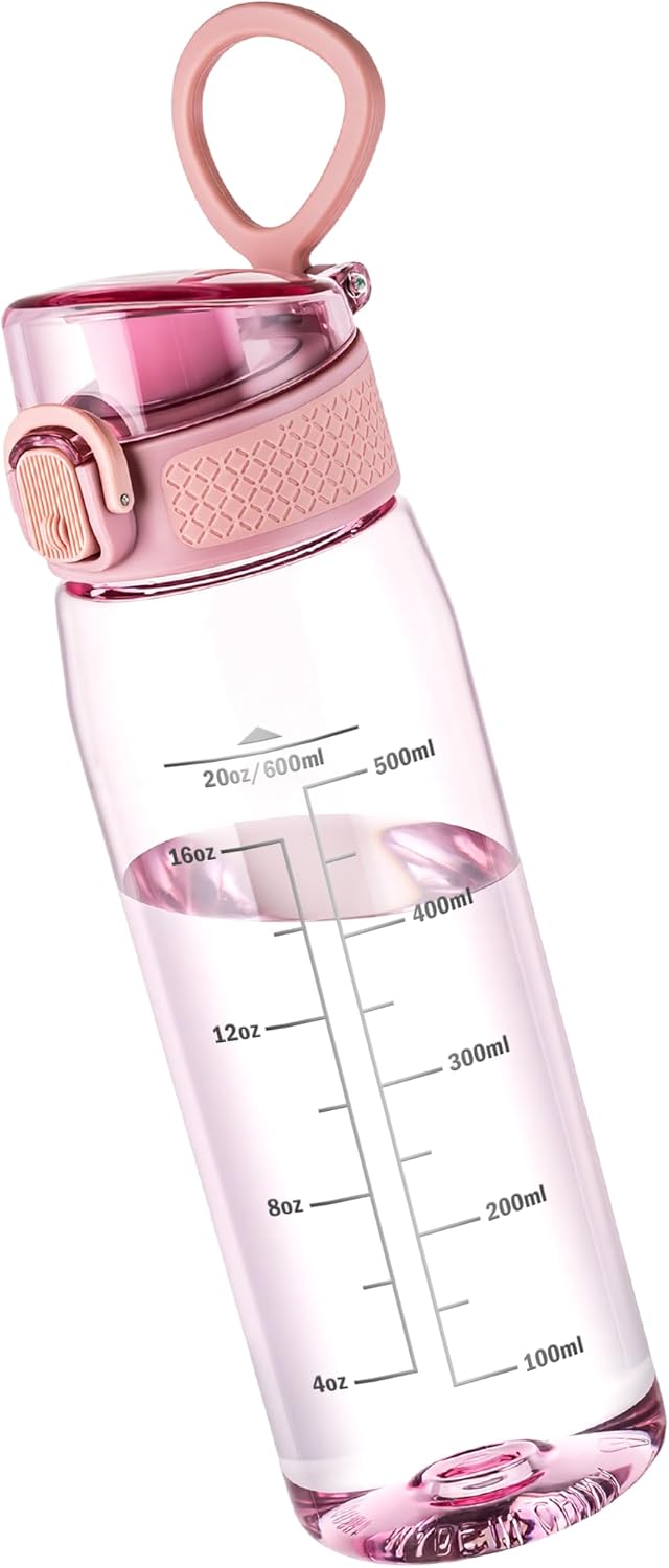 GOPPUS 20oz Kids Water Bottle with Time Marker & Handle, Tritan BPA-Free, Reusable Leakproof Anti-Dust Everyday,Clear Kids Water Bottles For School,Car Travel, Gifts Boys Girls(Pink)