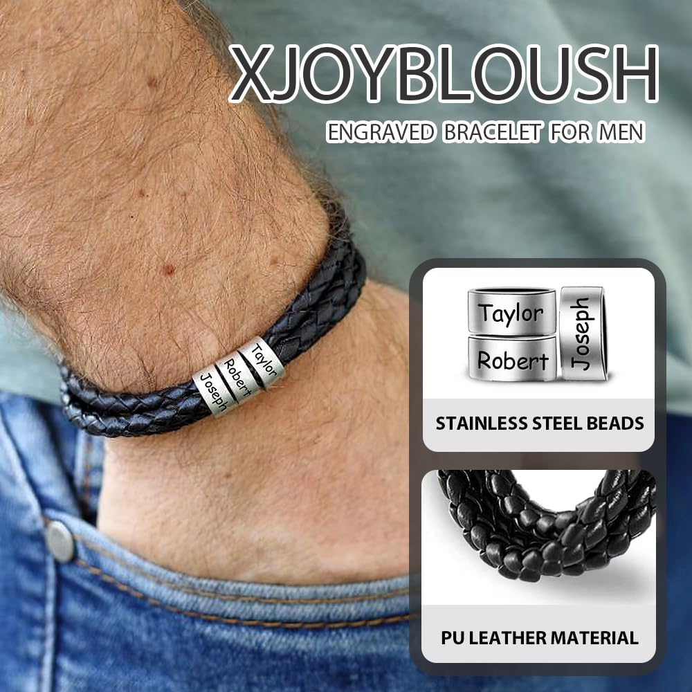 Fathers Day Gifts for Dad, Custom Bracelets for Men with Family Names Personalized Mens Leather Bracelet Customized Gifts for Boyfriend Husband - Image 3