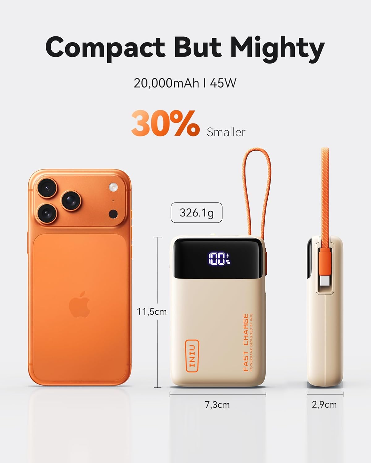 INIU 20000mAh Power Bank, Small 45W PD Fast Charging Portable Charger with Built-in USB C Cable, Flight-Safe Travel External Phone Battery Pack for iPhone 17 Pro Max Samsung S26 iPad etc, Beige - Image 3