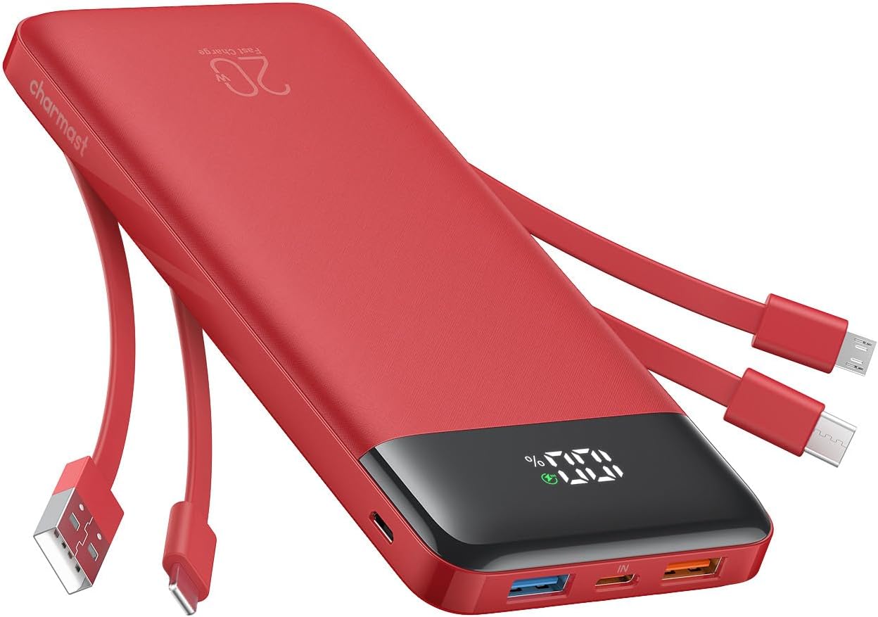 charmast 20000mAh Portable Charger with Built in Cables, 22.5W Travel Power Bank Fast Charging, USB C Cell Phone Battery Pack for iPhone 17/16/15/14/13/12 Series, iPad, Samsung, Android, Tablet