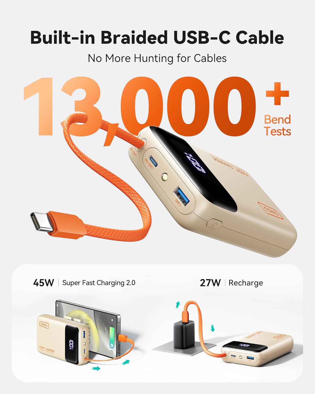INIU 20000mAh Power Bank, Small 45W PD Fast Charging Portable Charger with Built-in USB C Cable, Flight-Safe Travel External Phone Battery Pack for iPhone 17 Pro Max Samsung S26 iPad etc, Beige - Image 4