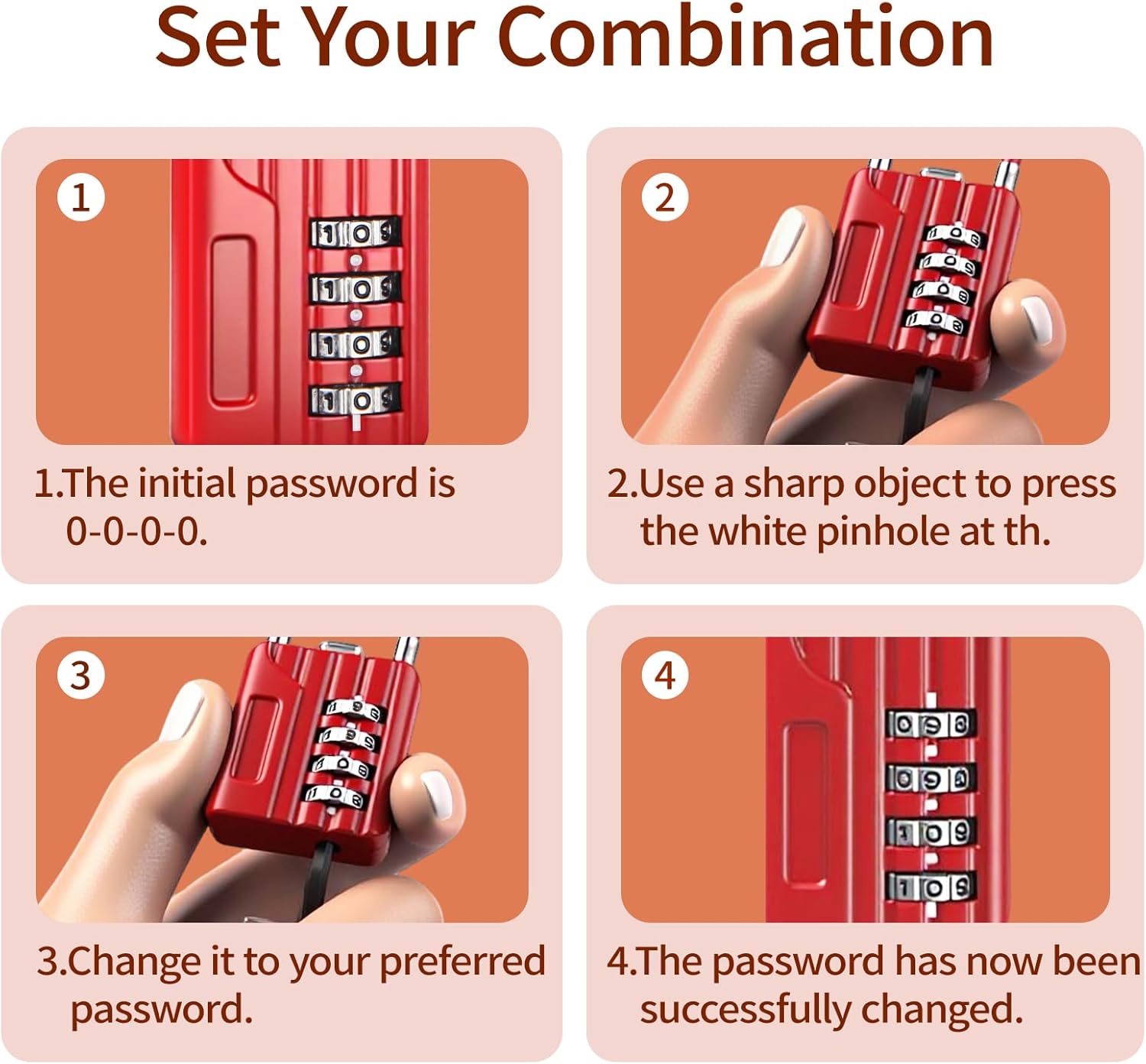 4-Digit Combination Cable Padlock with 12 inch (30 cm) Flexible Steel Cable, Small Lock for Locker,Luggage, Backpack,Cabinet,Gym Bag,Toolbox,Travel,Red,Black Rope (1, 50cm(20 inch Cable)) - Image 5