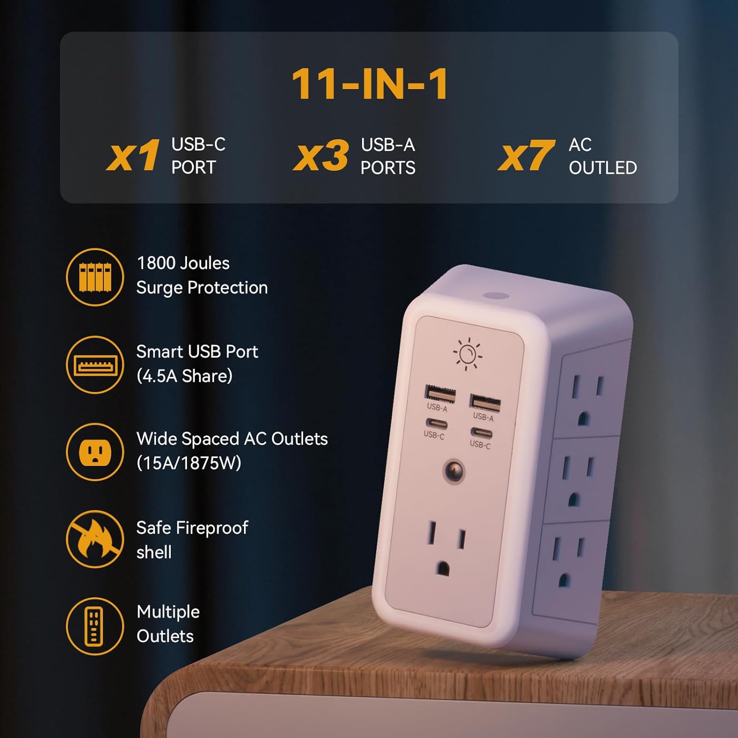 Multi Plug Outlet, USB Wall Charger, Surge Protector, 7 Outlet Extender with 4 USB Charging Ports (2 USB C) 1680J Power Strips Outlets with Night Light, Wall Plug Adapter Spaced for Home Travel Office - Image 2
