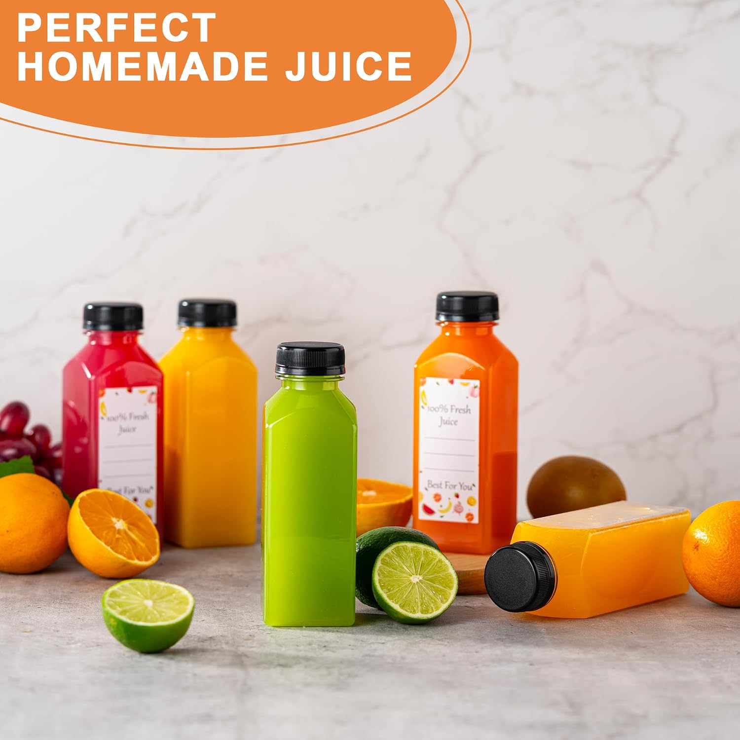 BOOMIBOO Juice Bottles with Caps 10Pcs 12oz, Plastic Bottles with Caps, Clear Reusable Water Bottle, Used for Juicing Bottle, Juice Containers - with 10Pcs Labels & Bottle Brush - Image 6