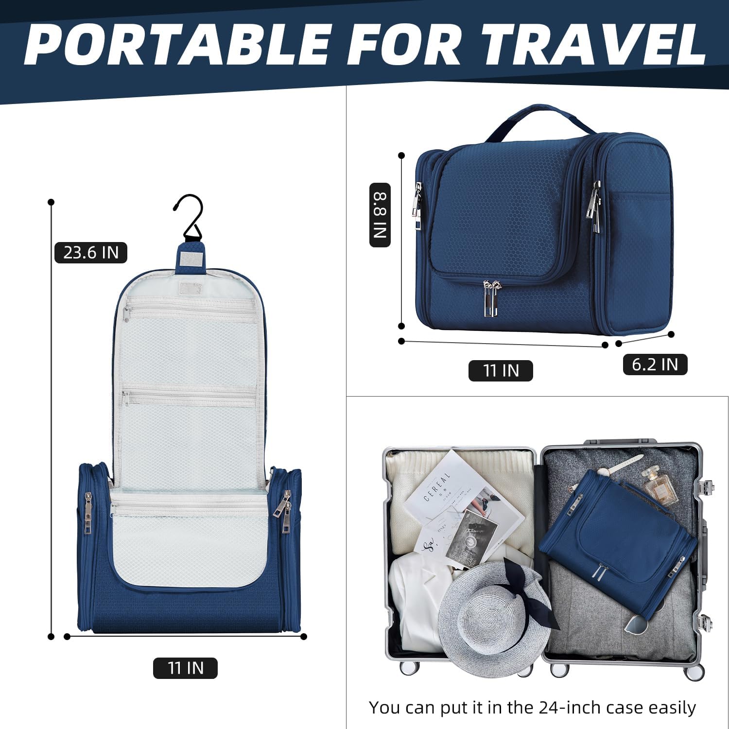 Buruis Hanging Toiletry Bag for Women and Men, Large Water-Resistant Makeup Organizer with Sturdy Hook, Lightweight Nylon Dopp Kit for Full-Sized Toiletries & Cosmetics, Blue - Image 2