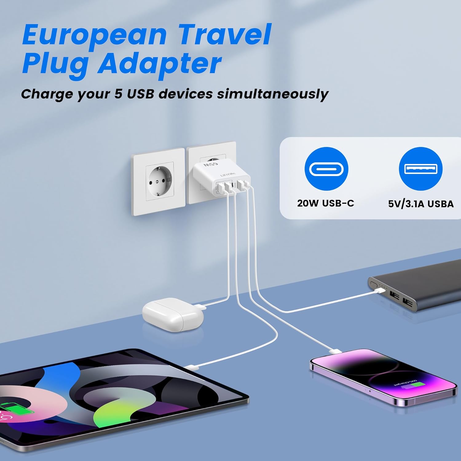 European USB C Charger 6.6A 2 Pack, LiFiYiRc PD 20W & QC 3.0 Fast Charging Multi Ports, 2 USB C 3 USB A Europe Plug Adapter Compatible for iPhone 17 16 15 14 13 12 11 Pro Max XS XR X Plus, Samsung - Image 2