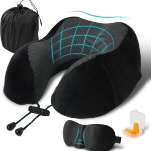 Travel Pillow, Memory Foam Neck Pillow for Traveling, U Shape Neck Pillow Airplane Portable Flight Pillow Travel Kit with 5D Contoured Eye Masks and Earplug for Plane Train Car Home Office