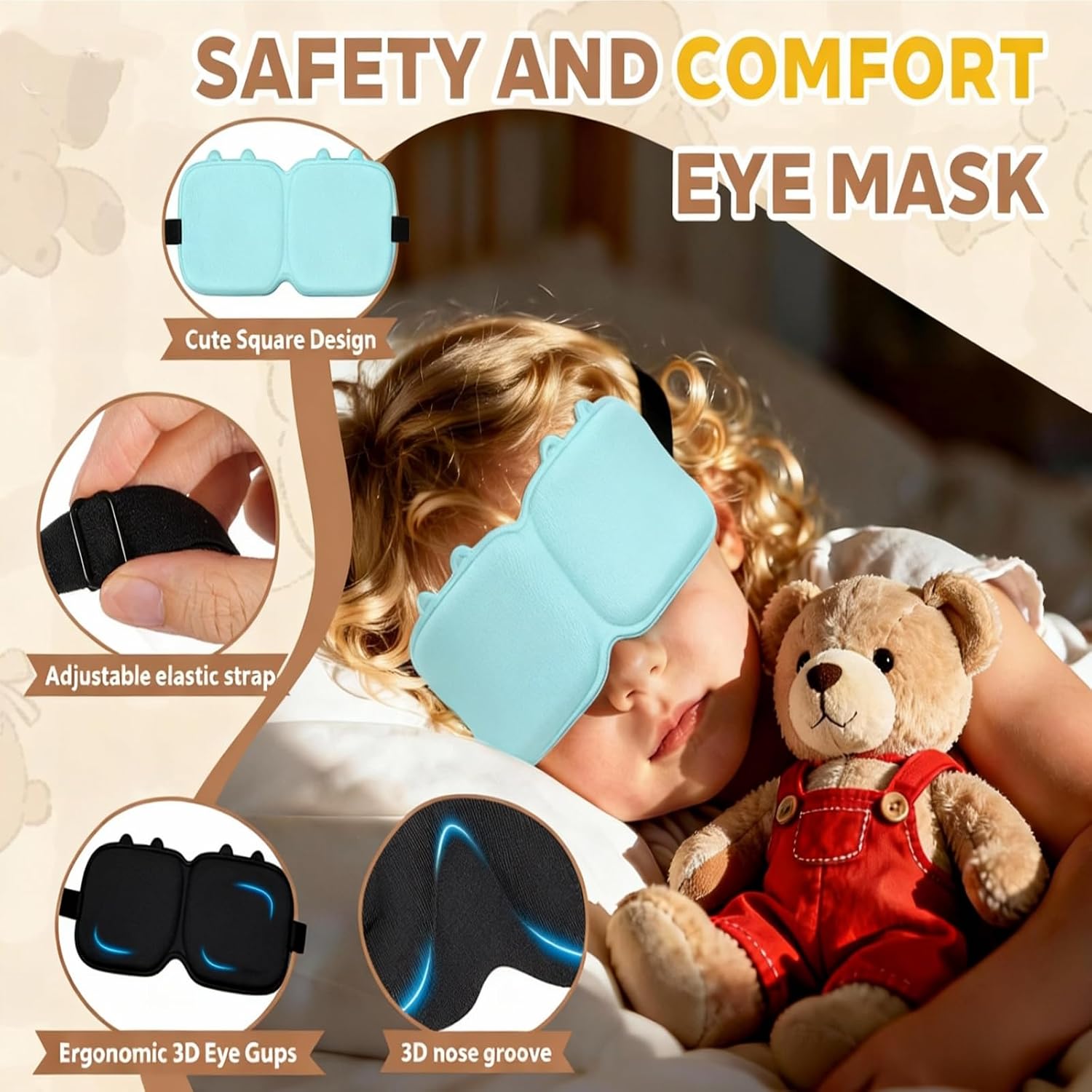 Kids Sleep Mask, 3D Contoured Eye Mask for Sleeping, Soft Sleeping Mask for Kids with Adjustable Strap, Blackout Eye Cover Travel Sleep Mask for Boys & Girls(Blue) - Image 3