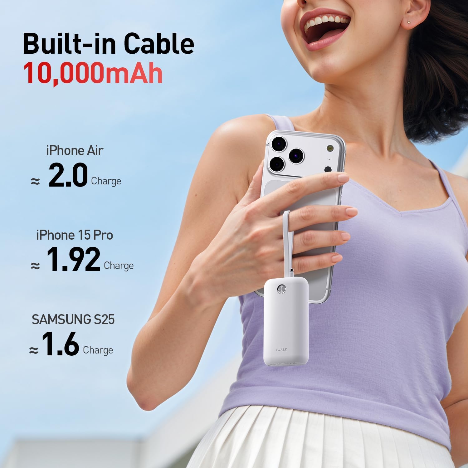iWALK Mini Portable Charger 10,000mAh, 22.5W USB-C Fast Charging Power Bank with Built-in Cable, Travel Essential Ultra-Small Battery Pack Compatible for iPhone 17/16/16 Pro/15, Samsung, Google, White - Image 3