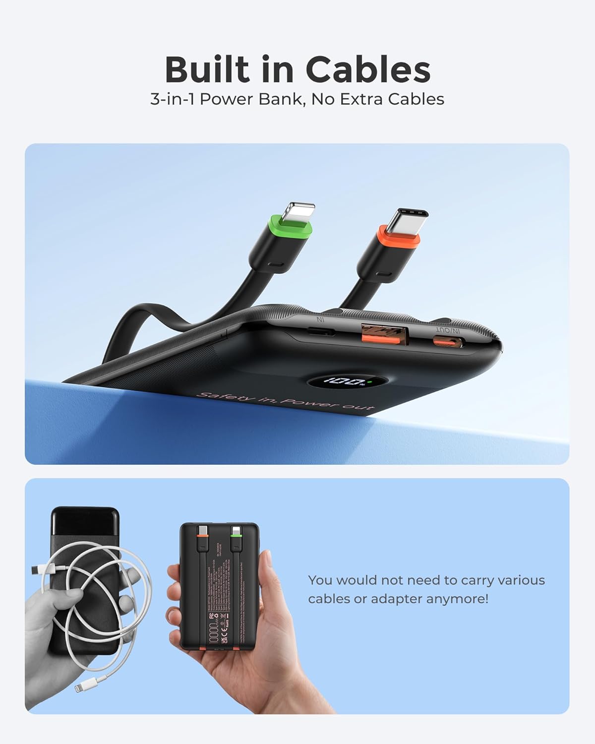VEEKTOMX Portable Charger with Built-in Cables, Slim Power Bank 10000mAh, 22.5W Fast Charge USB C Battery Pack, No Extra Cables Needed Travel Essential for iPhone 17/16/15, Samsung S25/S24 - Image 3