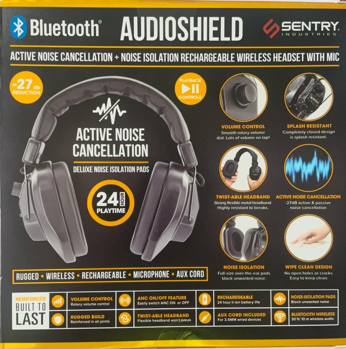 SENTRY AudioShield Bluetooth Headphones, Active Noise Cancellation, 27dB Reduction, 24Hr Battery, Wireless with Mic - Image 2