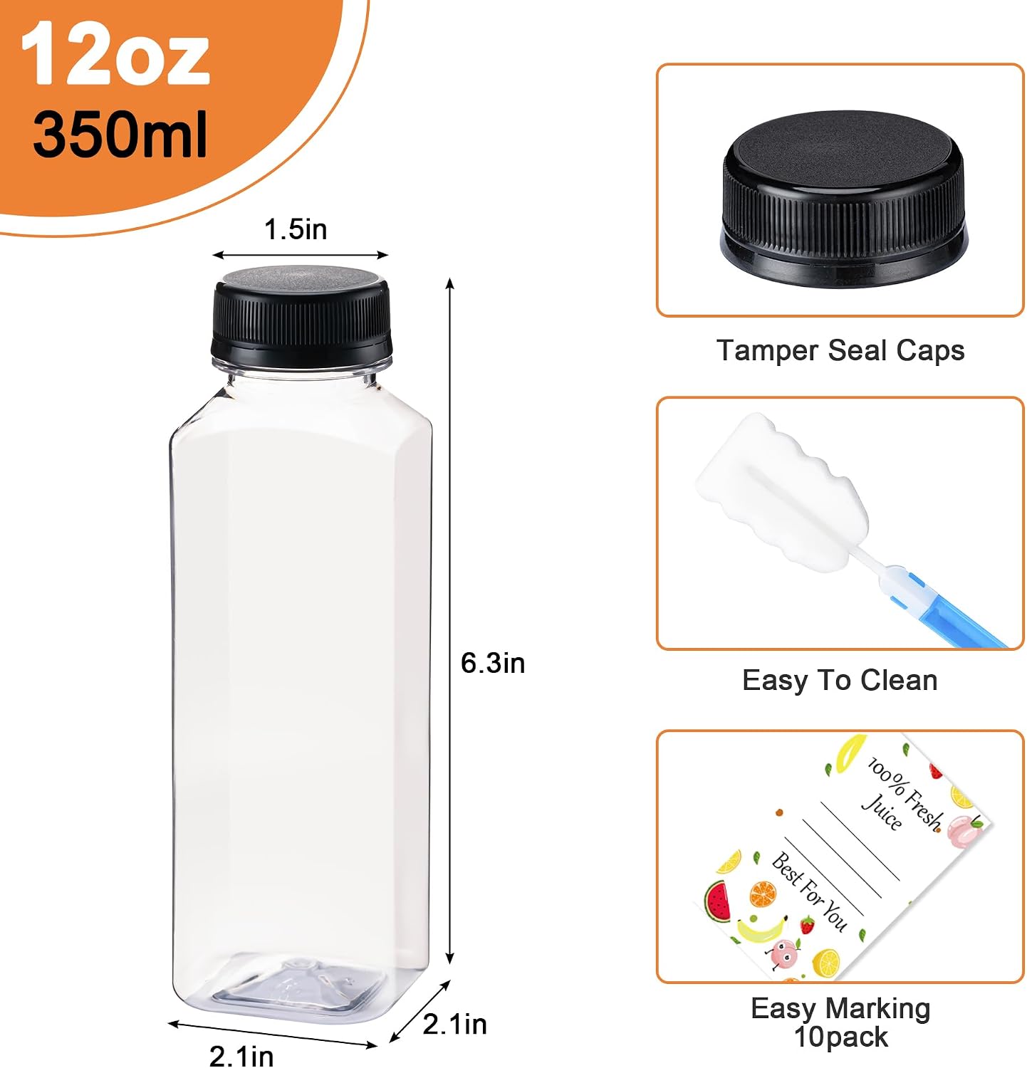 BOOMIBOO Juice Bottles with Caps 10Pcs 12oz, Plastic Bottles with Caps, Clear Reusable Water Bottle, Used for Juicing Bottle, Juice Containers - with 10Pcs Labels & Bottle Brush - Image 2