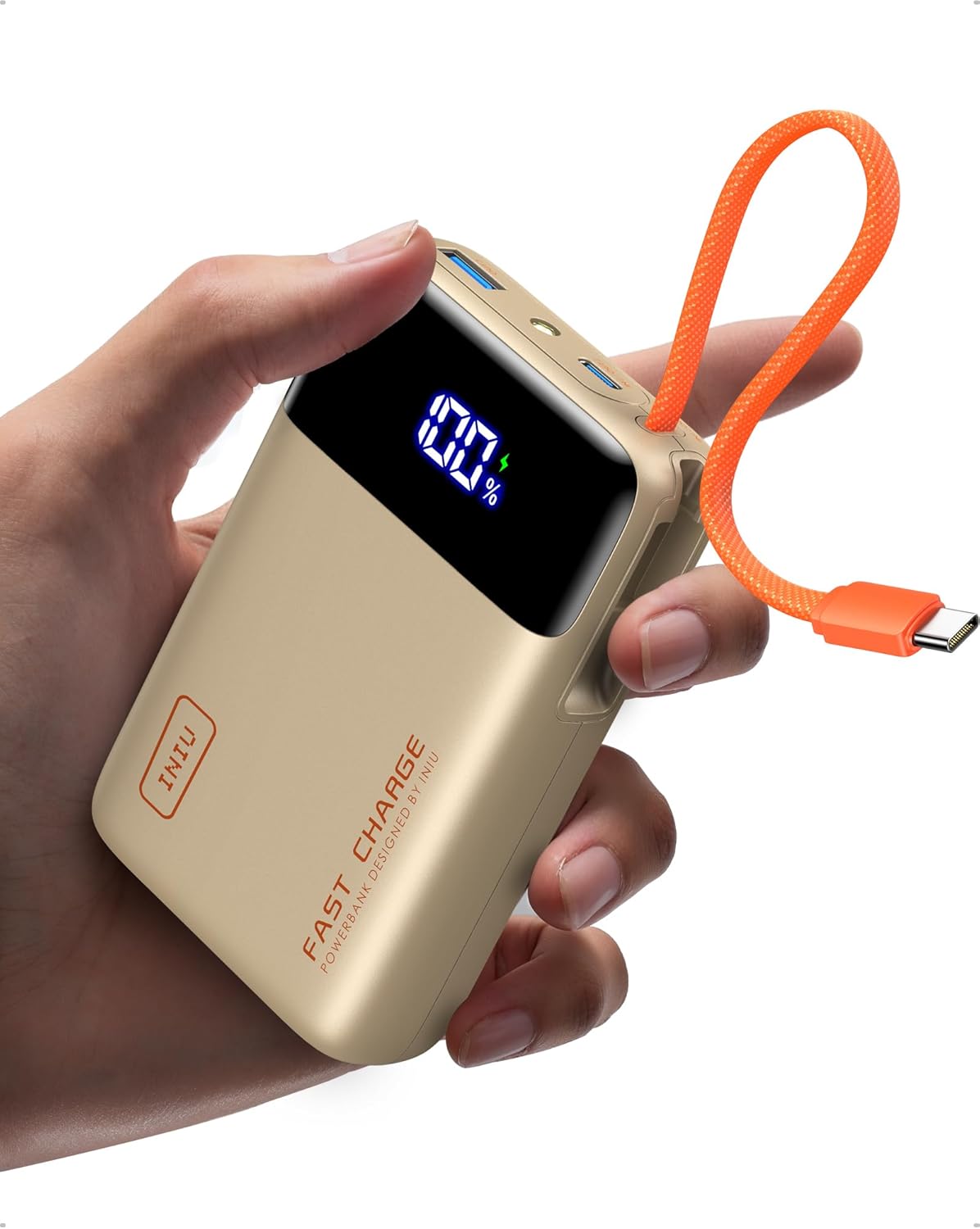 INIU 20000mAh Power Bank, Small 45W PD Fast Charging Portable Charger with Built-in USB C Cable, Flight-Safe Travel External Phone Battery Pack for iPhone 17 Pro Max Samsung S26 iPad etc, Beige