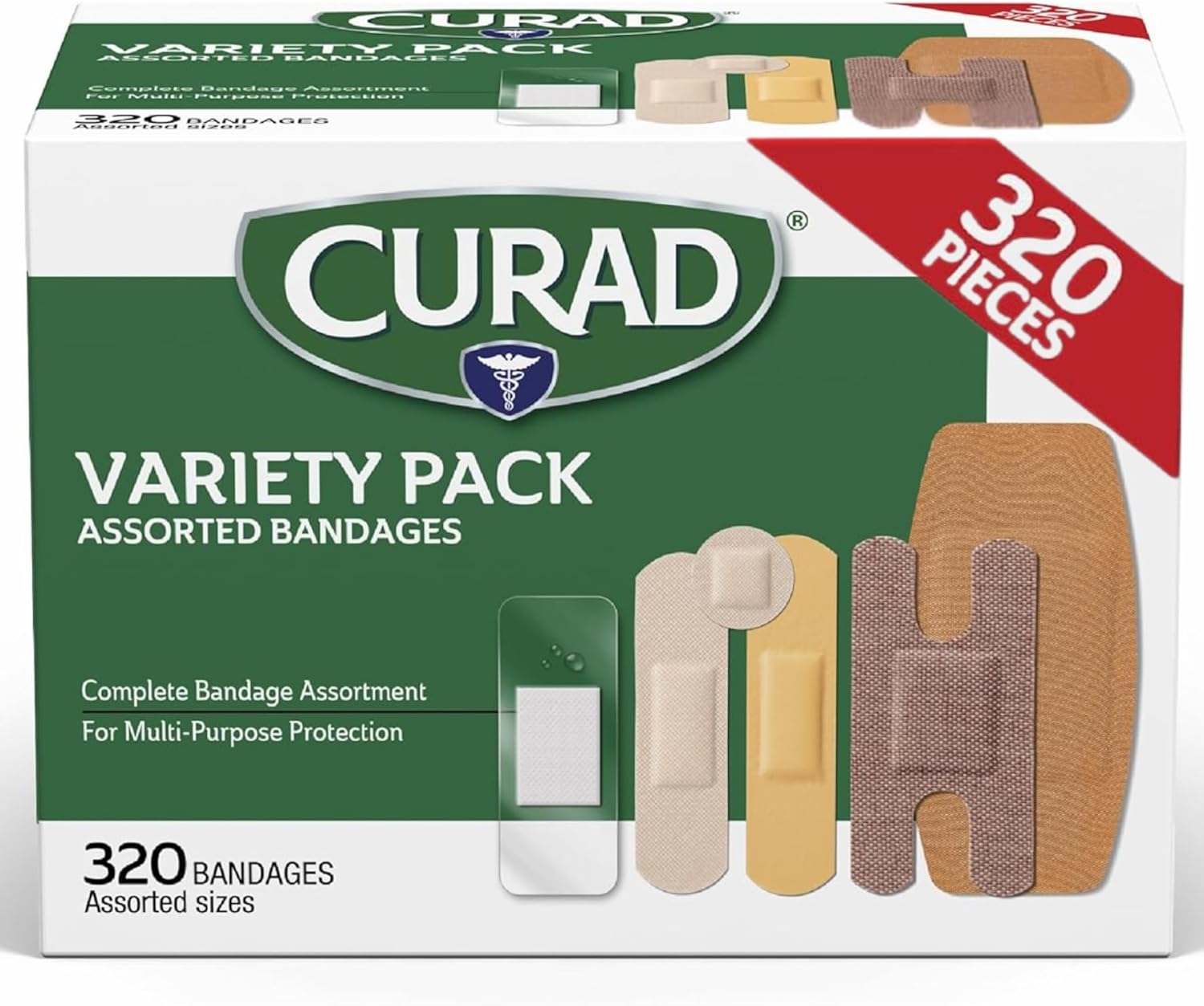 CURAD Assorted Bandages Bulk Variety Pack / 320 Count /5 Styles Including Waterproof, Sheer, Plastic, Heavy Duty & Flex-Fabric / First Aid Kit Essentials / Protects Scrapes, Cuts & Burns