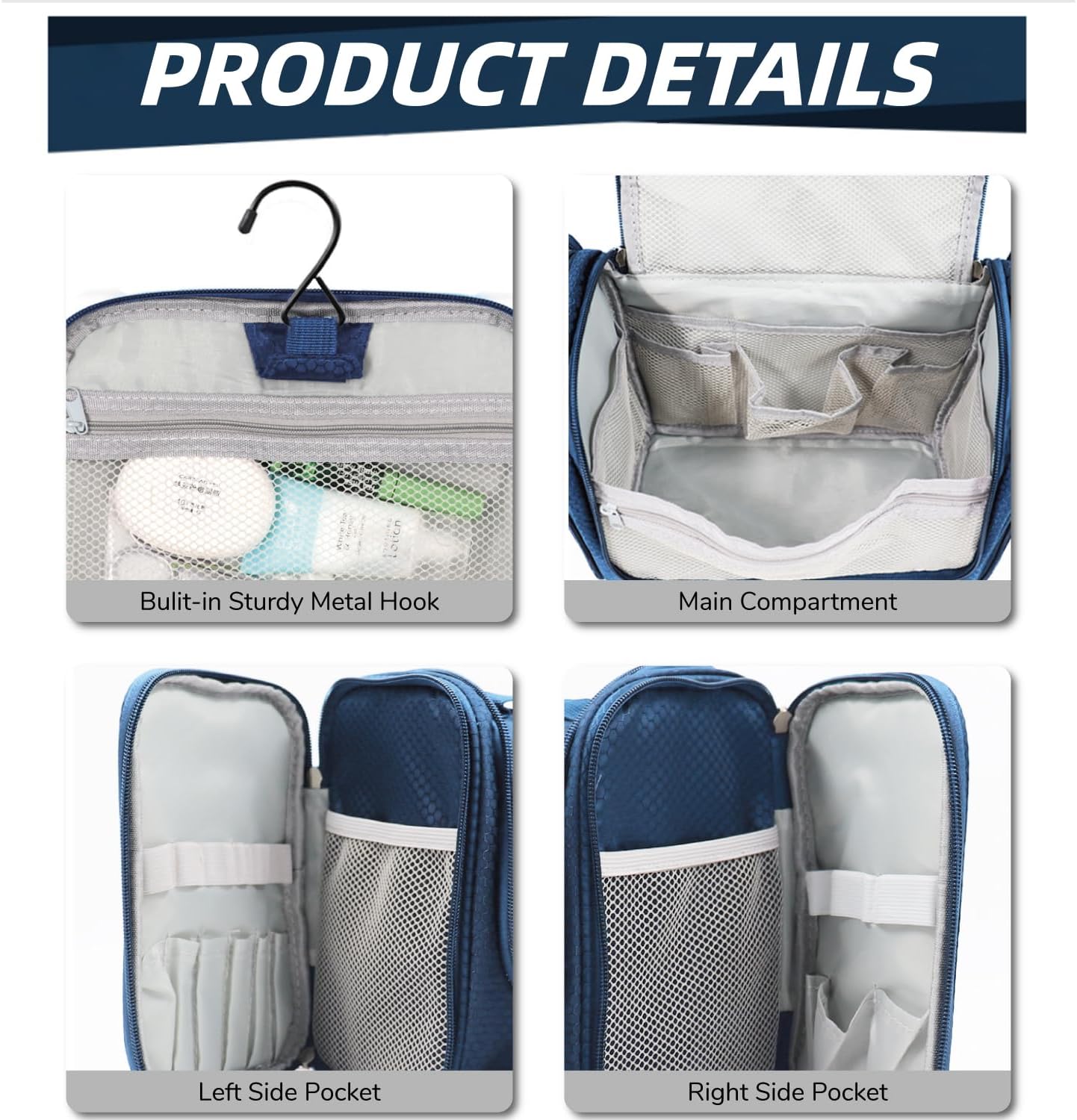 Buruis Hanging Toiletry Bag for Women and Men, Large Water-Resistant Makeup Organizer with Sturdy Hook, Lightweight Nylon Dopp Kit for Full-Sized Toiletries & Cosmetics, Blue - Image 4
