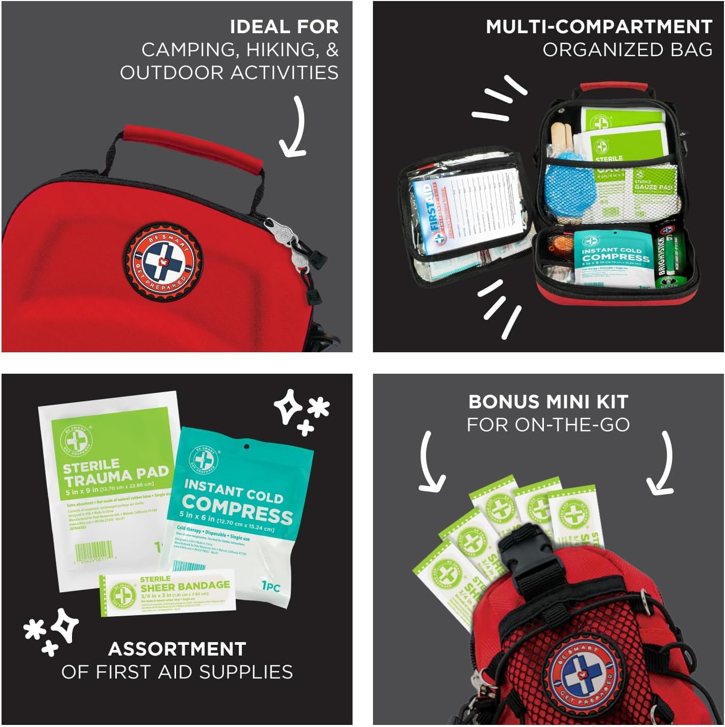 Be Smart Get Prepared 398pc Emergency First Aid Kit + BONUS Mini Kit included - Ideal for Office, Home, Car, School, Emergency, Survival, Camping, Hunting, Boating and Sports, FSA HSA eligible. - Image 5