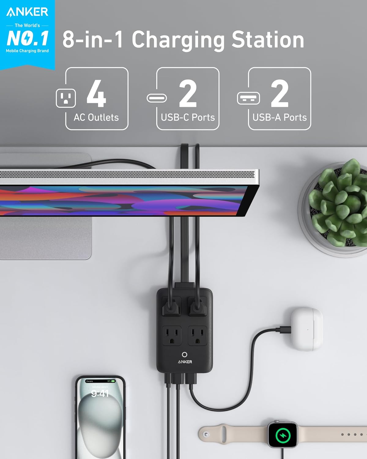 Anker Charging Station, 20W Max 8-in-1 USB-C Power Strip for iPhone 15/14 and MacBook Air/Pro, 5 ft Thin Cord with 4 AC, 2 USB-A, and 2 USB-C Ports, Fast Charging Desktop Charger for Travel, Office - Image 2