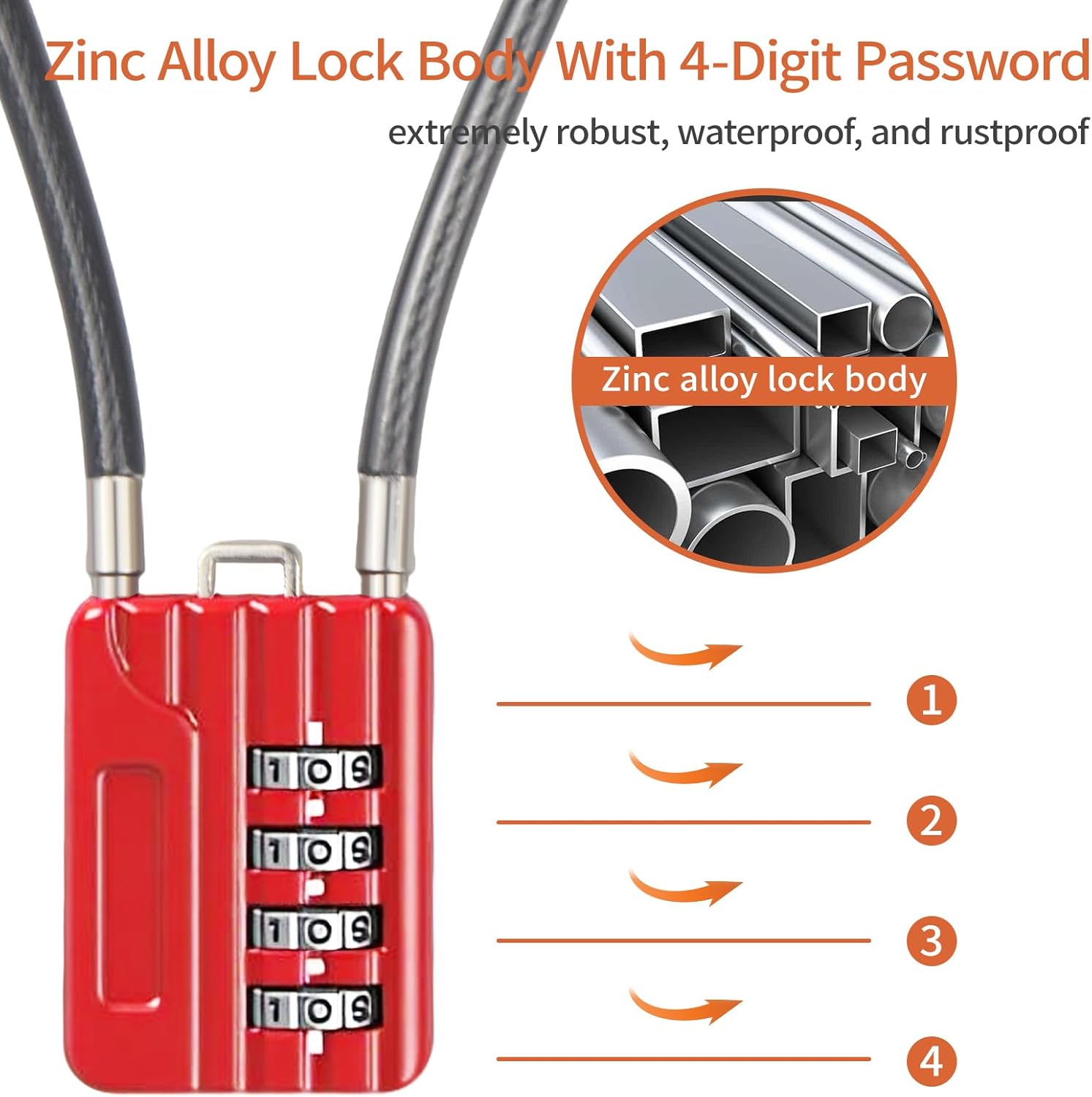 4-Digit Combination Cable Padlock with 12 inch (30 cm) Flexible Steel Cable, Small Lock for Locker,Luggage, Backpack,Cabinet,Gym Bag,Toolbox,Travel,Red,Black Rope (1, 50cm(20 inch Cable)) - Image 3