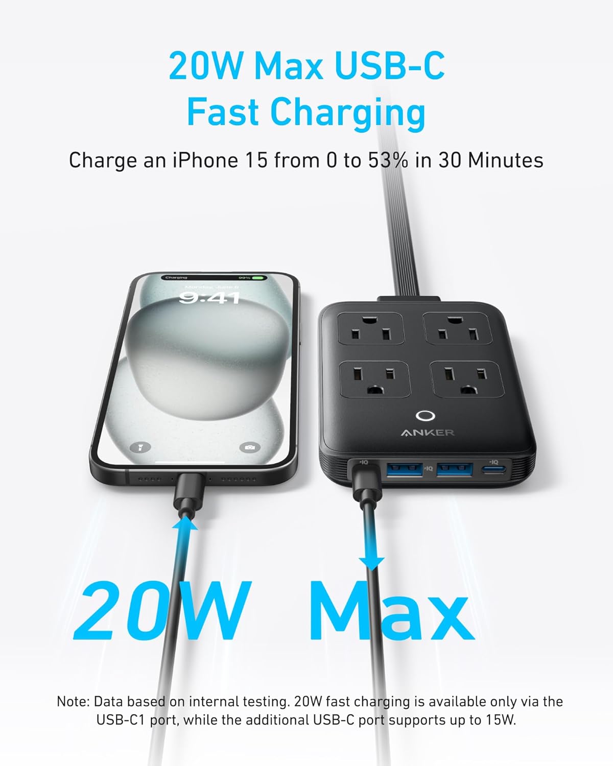 Anker Charging Station, 20W Max 8-in-1 USB-C Power Strip for iPhone 15/14 and MacBook Air/Pro, 5 ft Thin Cord with 4 AC, 2 USB-A, and 2 USB-C Ports, Fast Charging Desktop Charger for Travel, Office - Image 4