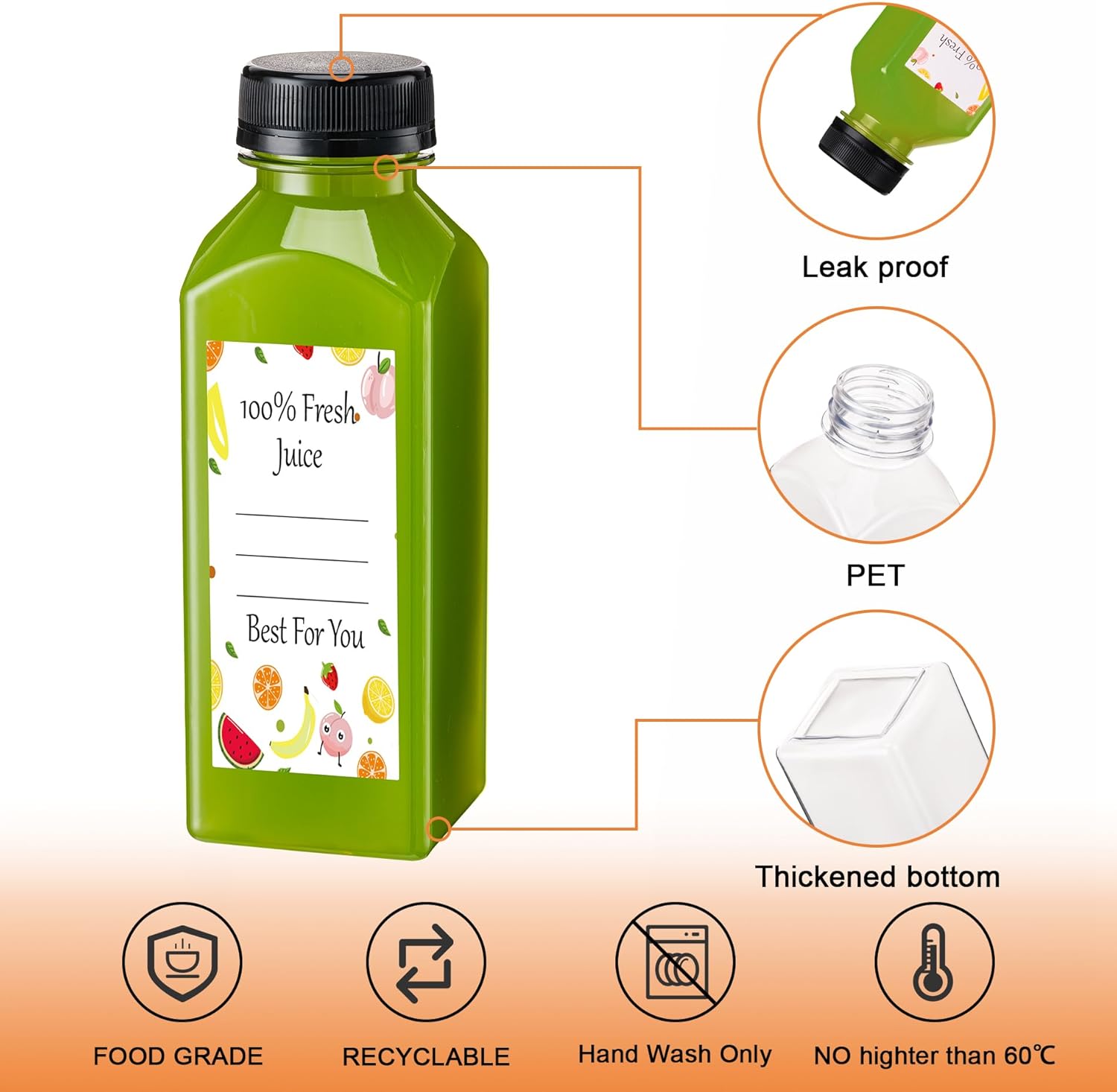 BOOMIBOO Juice Bottles with Caps 10Pcs 12oz, Plastic Bottles with Caps, Clear Reusable Water Bottle, Used for Juicing Bottle, Juice Containers - with 10Pcs Labels & Bottle Brush - Image 3