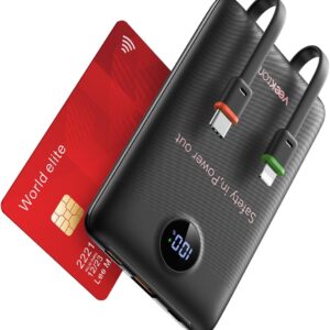 VEEKTOMX Portable Charger with Built-in Cables, Slim Power Bank 10000mAh, 22.5W Fast Charge USB C Battery Pack, No Extra Cables Needed Travel Essential for iPhone 17/16/15, Samsung S25/S24