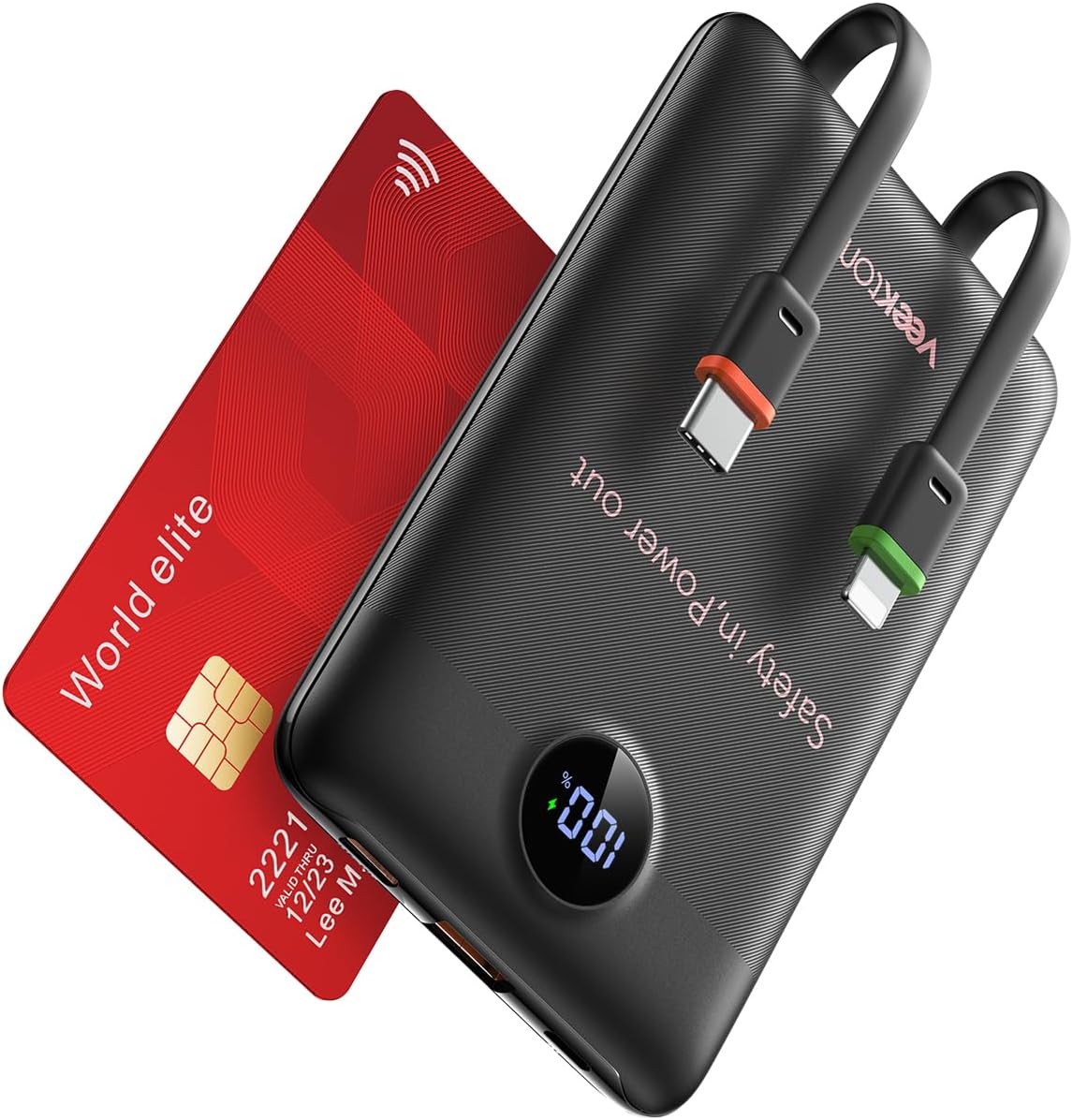 VEEKTOMX Portable Charger with Built-in Cables, Slim Power Bank 10000mAh, 22.5W Fast Charge USB C Battery Pack, No Extra Cables Needed Travel Essential for iPhone 17/16/15, Samsung S25/S24