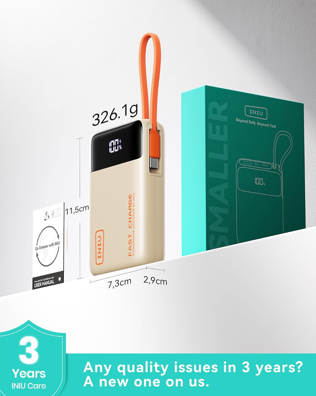 INIU 20000mAh Power Bank, Small 45W PD Fast Charging Portable Charger with Built-in USB C Cable, Flight-Safe Travel External Phone Battery Pack for iPhone 17 Pro Max Samsung S26 iPad etc, Beige - Image 8