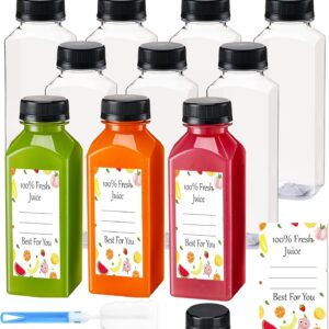 BOOMIBOO Juice Bottles with Caps 10Pcs 12oz, Plastic Bottles with Caps, Clear Reusable Water Bottle, Used for Juicing Bottle, Juice Containers - with 10Pcs Labels & Bottle Brush
