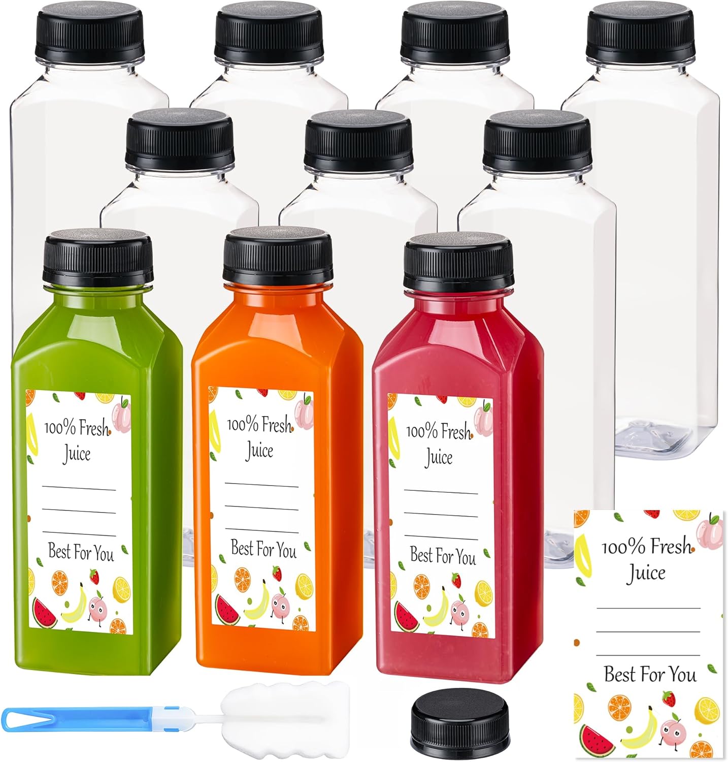 BOOMIBOO Juice Bottles with Caps 10Pcs 12oz, Plastic Bottles with Caps, Clear Reusable Water Bottle, Used for Juicing Bottle, Juice Containers - with 10Pcs Labels & Bottle Brush