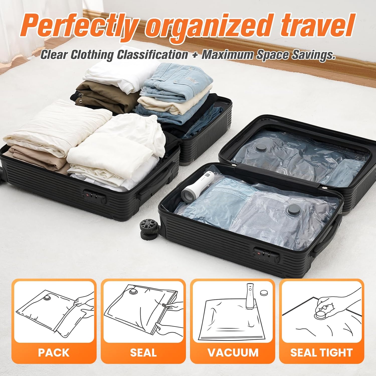 15 Pack Vacuum Storage Bags for Travel with Cordless Pump, Space Saver Bags for Clothes, Compression Packing Bags for Luggage, 15 Combo Size - Image 6