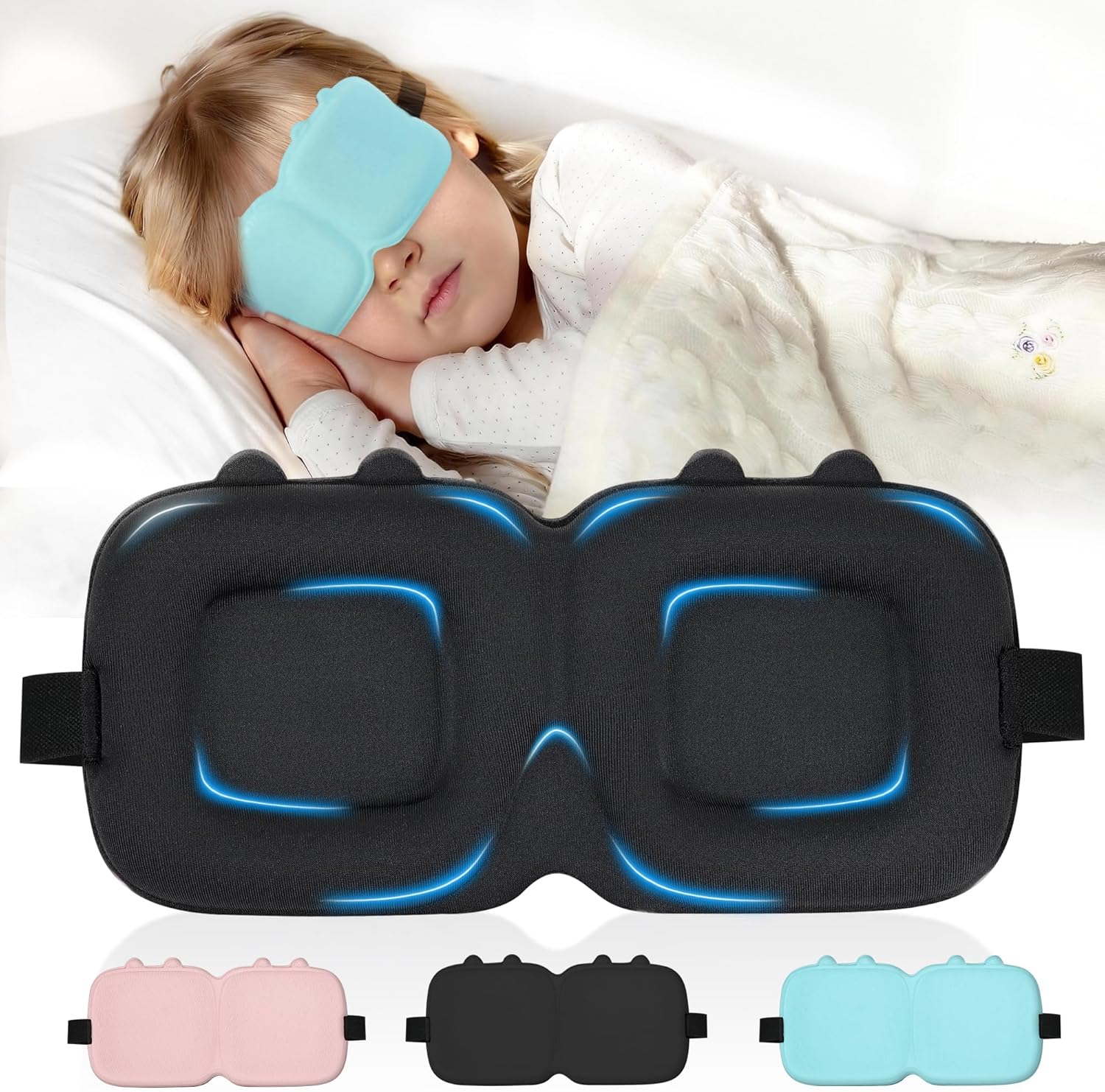 Kids Sleep Mask, 3D Contoured Eye Mask for Sleeping, Soft Sleeping Mask for Kids with Adjustable Strap, Blackout Eye Cover Travel Sleep Mask for Boys & Girls(Blue)