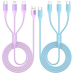ShSiXin 3 in 1 Multi Charging Cable for Multiple Devices with USB-C/IP/Micro Port, USB Cable iPhone Charger Cord, Travel Car Charger Cord for iPhone17-8, Galaxy 25 Android iPad, 2Pack 4FT-Purple/Blue