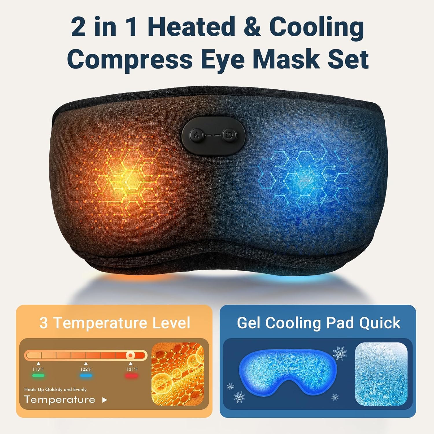 2 in 1 Heated & Cooling Gel Eye Mask - Cooling Eye Mask for Migraine Headaches Relief - Cordless Heated Eye Mask for Dry Eyes 3 Heat Settings Warm Compress for Stye Eye Treatment Washable Pad Cover - Image 2