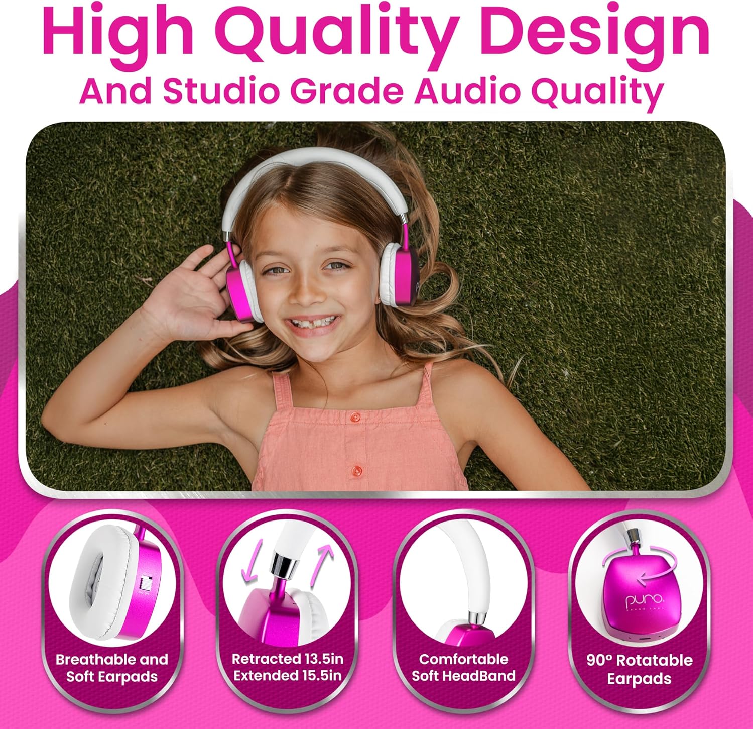 Puro Sound Labs Noise Cancelling Headphones for Kids - 85 dB Volume Limit, Built in Mic, 35-Hour Battery, Lightweight On Ear Design & Comfy Fit, Bluetooth Headphones for Kids – PuroQuiet Plus, Pink - Image 6