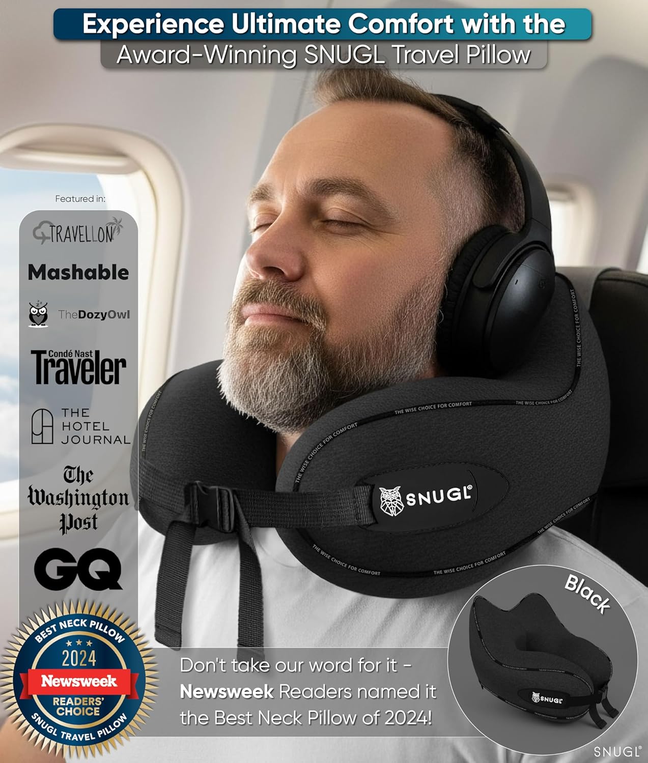 SNUGL Travel Pillow – Neck Pillow Airplane, Travel Pillows for Airplanes, Neck Pillows Memory Foam – Road Trip Essentials for Adults – Traveling Essentials - Gifts for Travelers Men & Women - Image 2