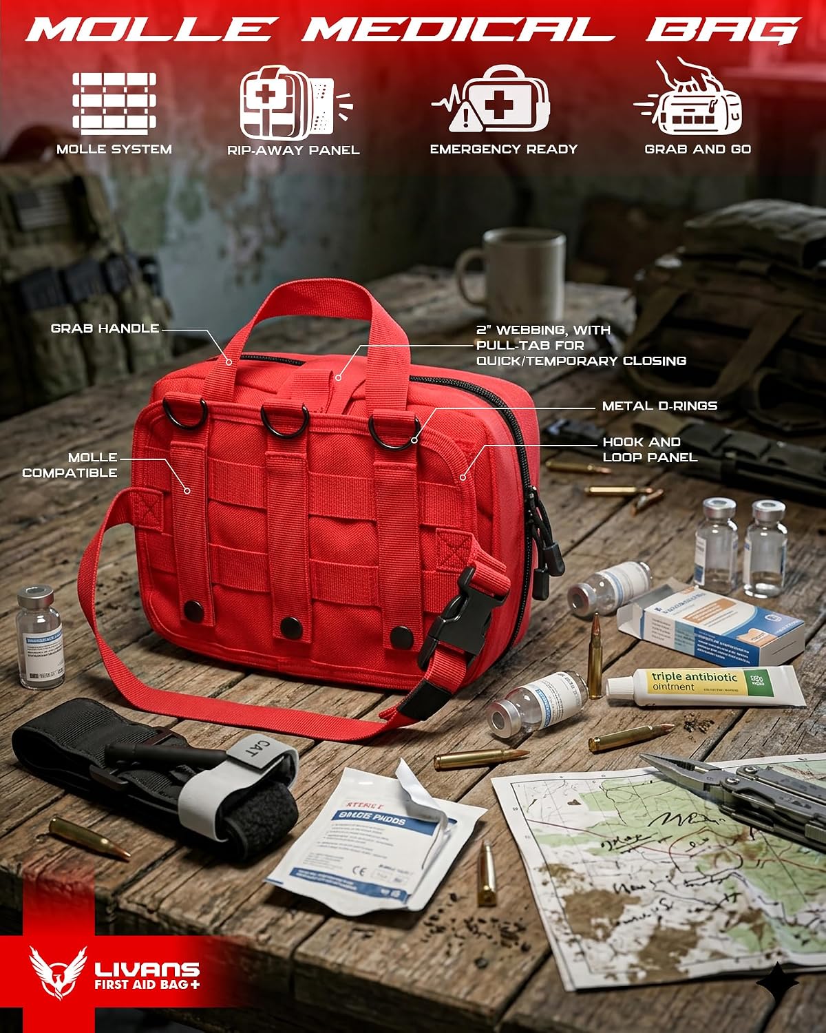 LIVANS Tactical Molle Medical Pouch - Upgraded Size, Large Capacity IFAK Pouch with Detachable Quick Release and Headrest Mount, Includes Flag and Cross Patch - Image 5