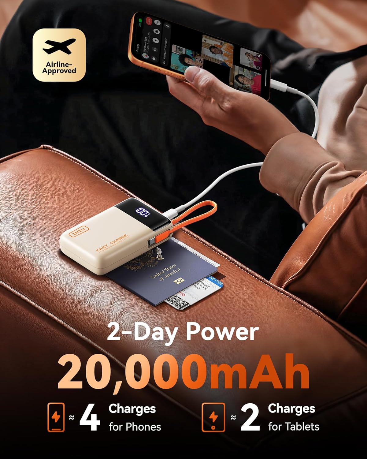 INIU 20000mAh Power Bank, Small 45W PD Fast Charging Portable Charger with Built-in USB C Cable, Flight-Safe Travel External Phone Battery Pack for iPhone 17 Pro Max Samsung S26 iPad etc, Beige - Image 5