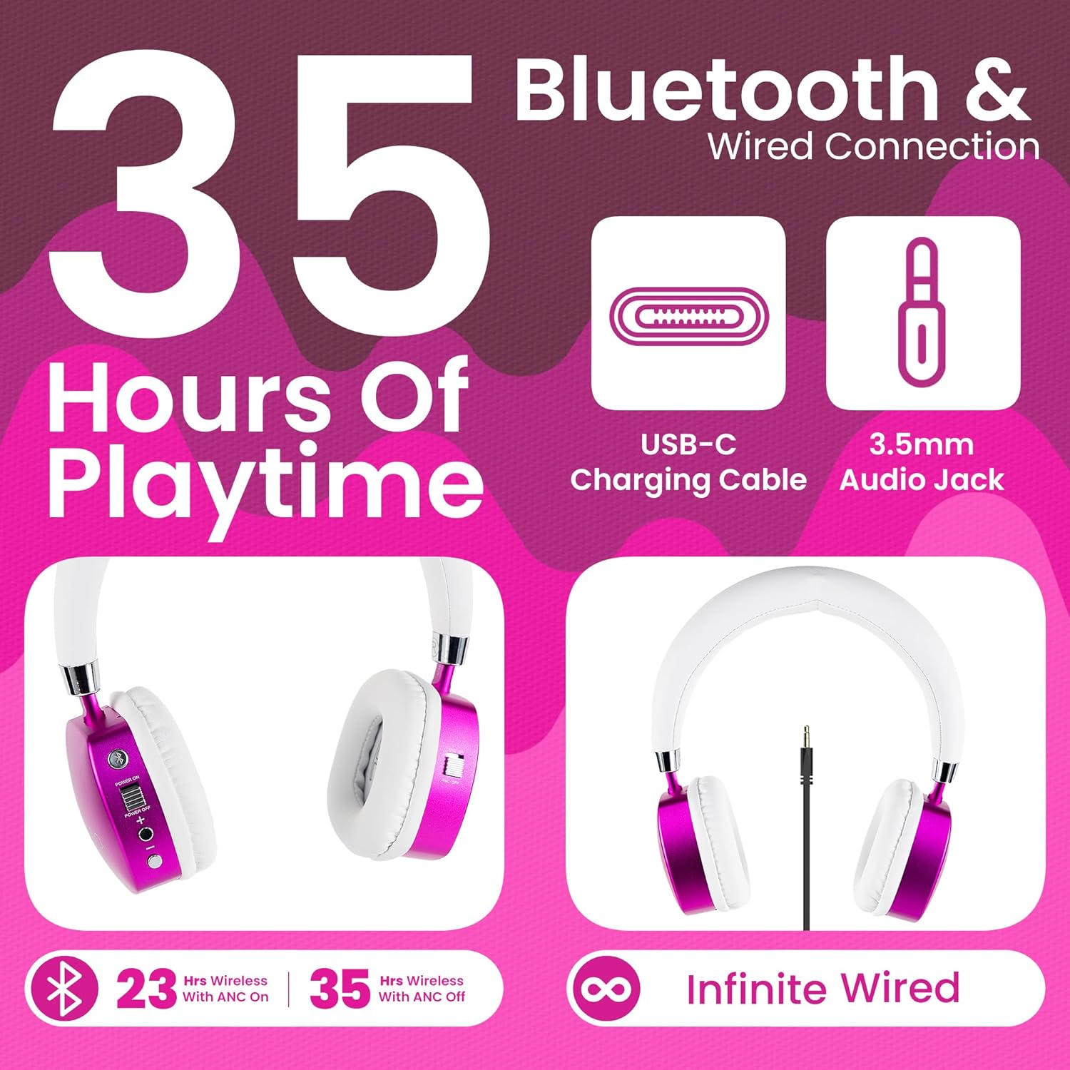 Puro Sound Labs Noise Cancelling Headphones for Kids - 85 dB Volume Limit, Built in Mic, 35-Hour Battery, Lightweight On Ear Design & Comfy Fit, Bluetooth Headphones for Kids – PuroQuiet Plus, Pink - Image 3