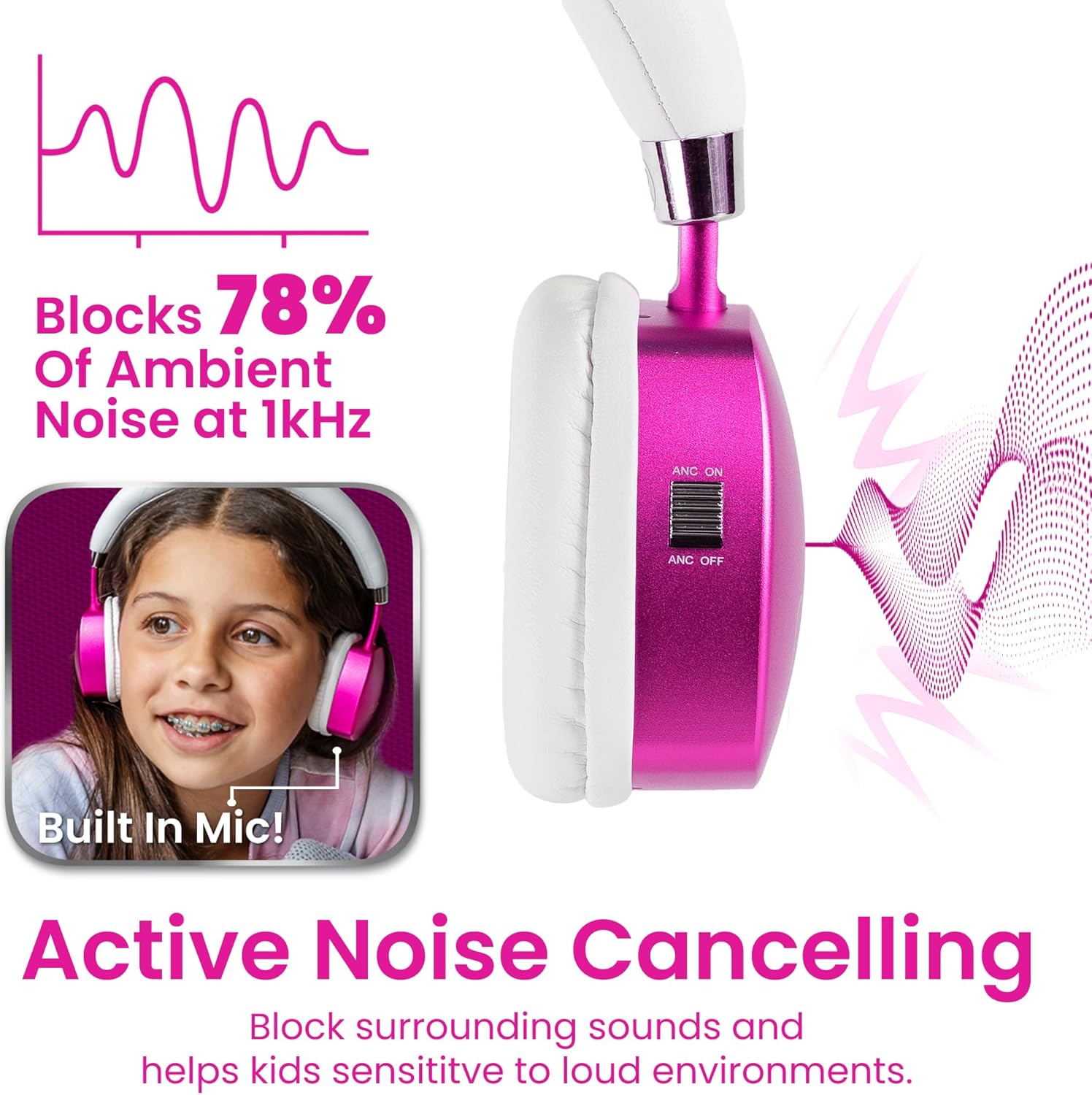 Puro Sound Labs Noise Cancelling Headphones for Kids - 85 dB Volume Limit, Built in Mic, 35-Hour Battery, Lightweight On Ear Design & Comfy Fit, Bluetooth Headphones for Kids – PuroQuiet Plus, Pink - Image 4