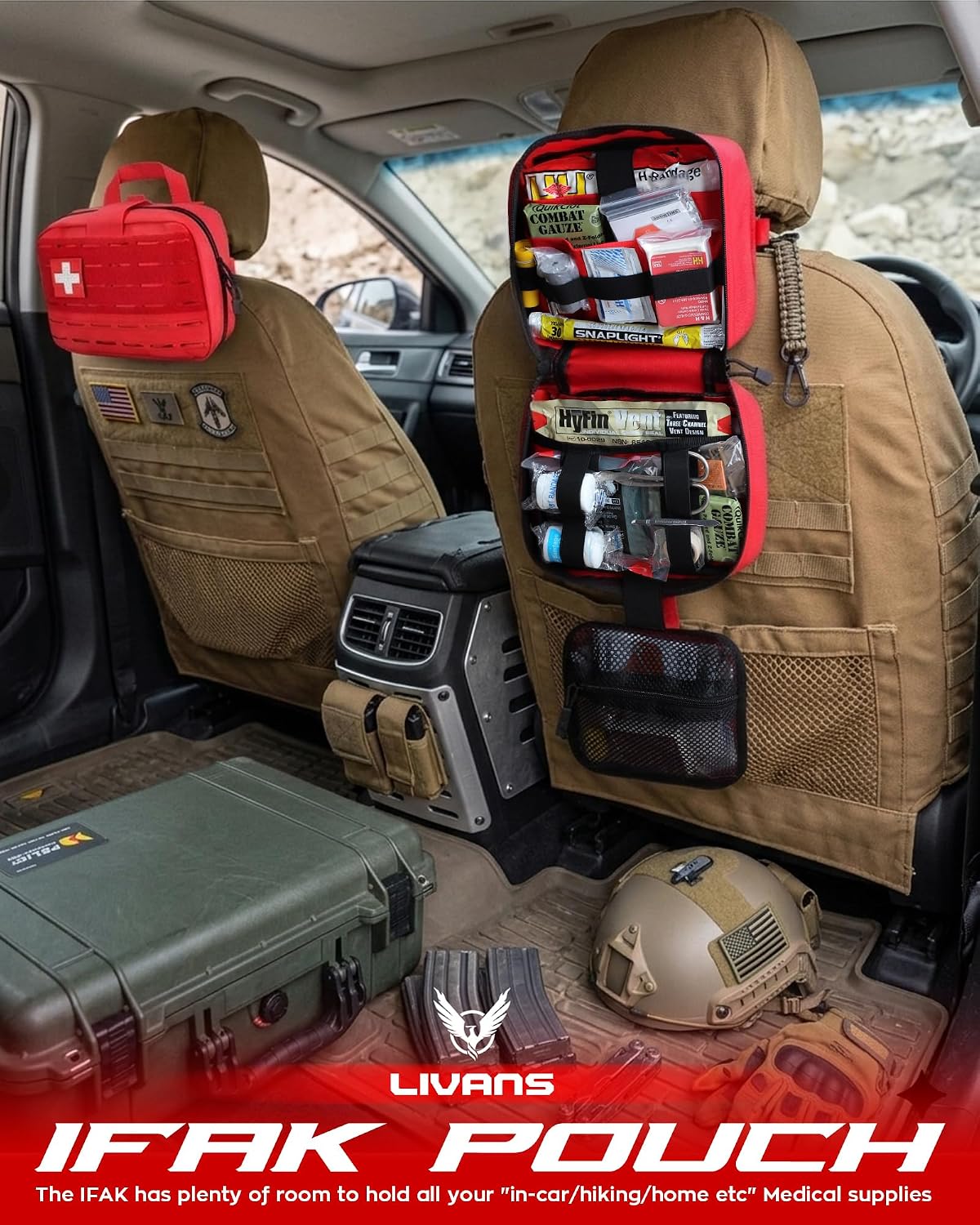 LIVANS Tactical Molle Medical Pouch - Upgraded Size, Large Capacity IFAK Pouch with Detachable Quick Release and Headrest Mount, Includes Flag and Cross Patch - Image 7