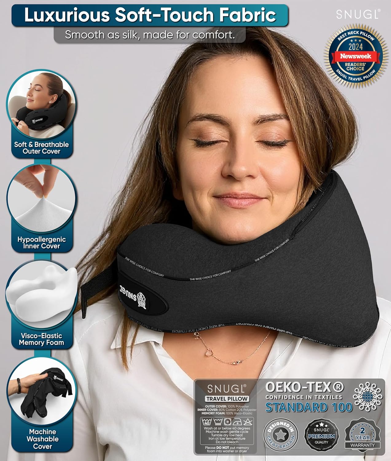 SNUGL Travel Pillow – Neck Pillow Airplane, Travel Pillows for Airplanes, Neck Pillows Memory Foam – Road Trip Essentials for Adults – Traveling Essentials - Gifts for Travelers Men & Women - Image 6