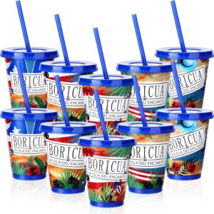10 Pcs Puerto Rico Plastic Cups with Lid and Straw 16 Oz Reusable Cup Water Bottle Travel Coffee Mug for Hot Cold Drinks Tea Iced Coffee Puerto Rico Souvenirs Gifts