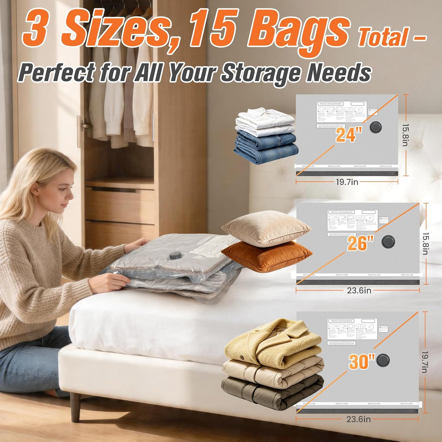 15 Pack Vacuum Storage Bags for Travel with Cordless Pump, Space Saver Bags for Clothes, Compression Packing Bags for Luggage, 15 Combo Size - Image 3