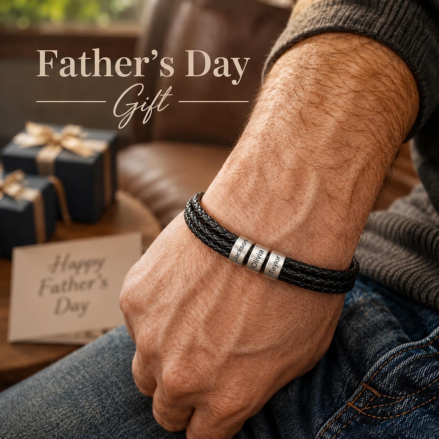 Fathers Day Gifts for Dad, Custom Bracelets for Men with Family Names Personalized Mens Leather Bracelet Customized Gifts for Boyfriend Husband