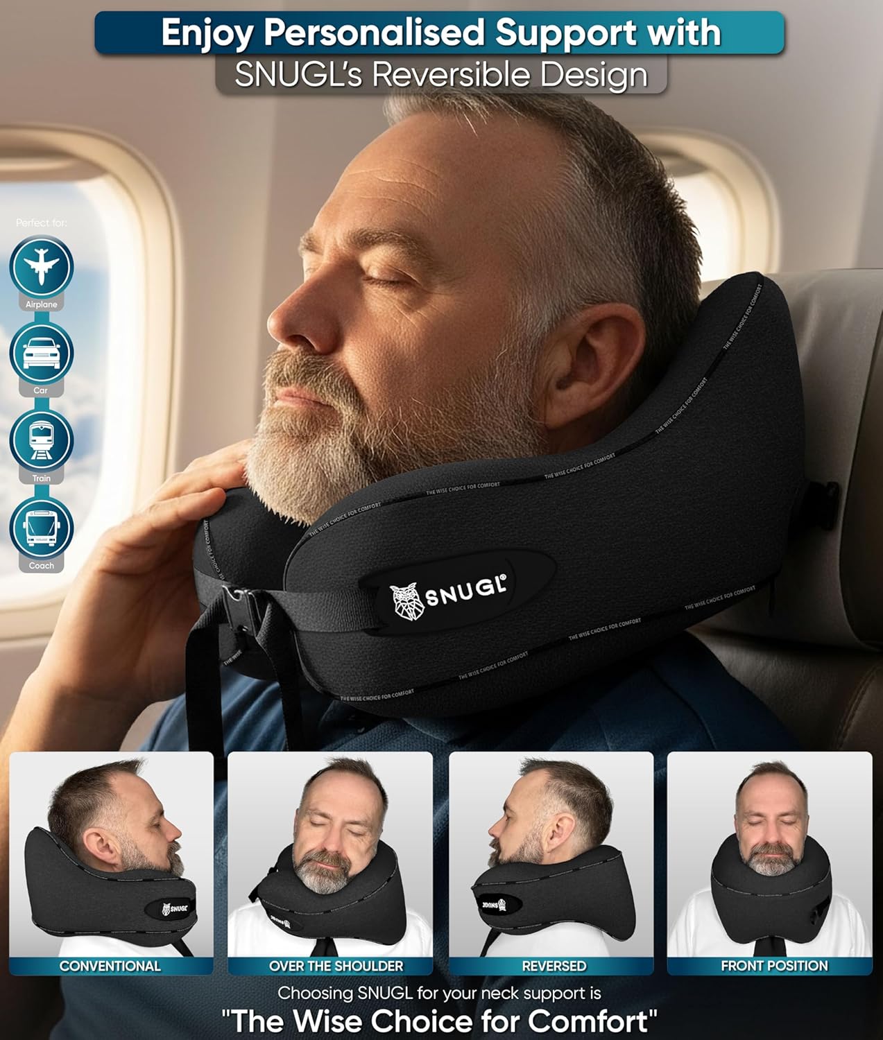SNUGL Travel Pillow – Neck Pillow Airplane, Travel Pillows for Airplanes, Neck Pillows Memory Foam – Road Trip Essentials for Adults – Traveling Essentials - Gifts for Travelers Men & Women - Image 3