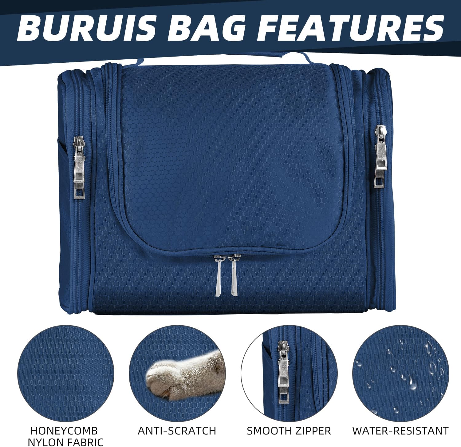 Buruis Hanging Toiletry Bag for Women and Men, Large Water-Resistant Makeup Organizer with Sturdy Hook, Lightweight Nylon Dopp Kit for Full-Sized Toiletries & Cosmetics, Blue - Image 5