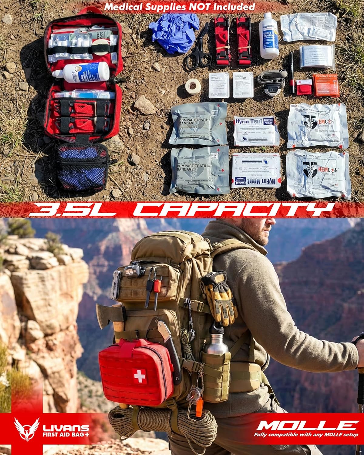 LIVANS Tactical Molle Medical Pouch - Upgraded Size, Large Capacity IFAK Pouch with Detachable Quick Release and Headrest Mount, Includes Flag and Cross Patch - Image 6